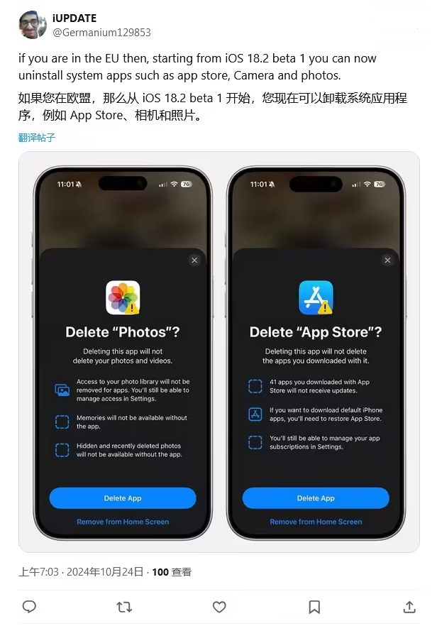 泸水苹果手机维修分享iOS 18.2 支持删除 App Store 应用商店 