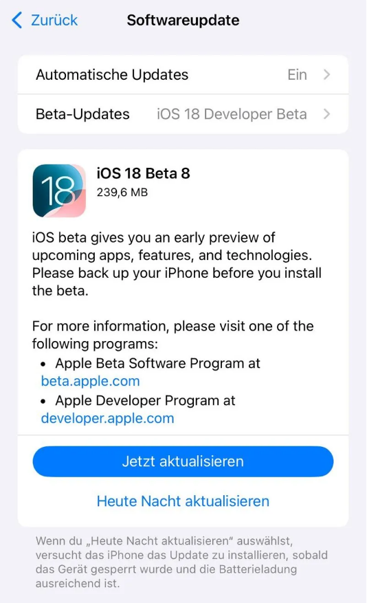 泸水苹果手机维修分享苹果 iOS / iPadOS 18 开发者预览版 Beta 8 发布 